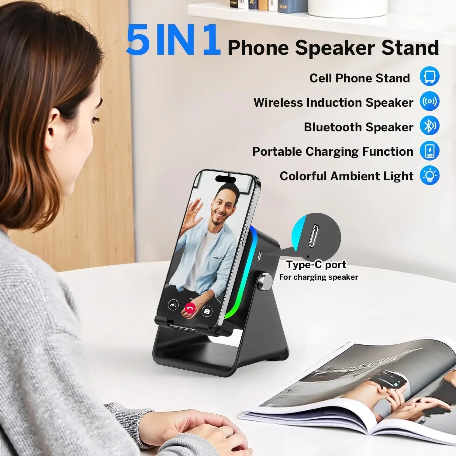 5 In 1 Wireless Induction Speaker Phone Holder with 8 RGB Modes HIFI Sound Bluetooth Desktop Stand