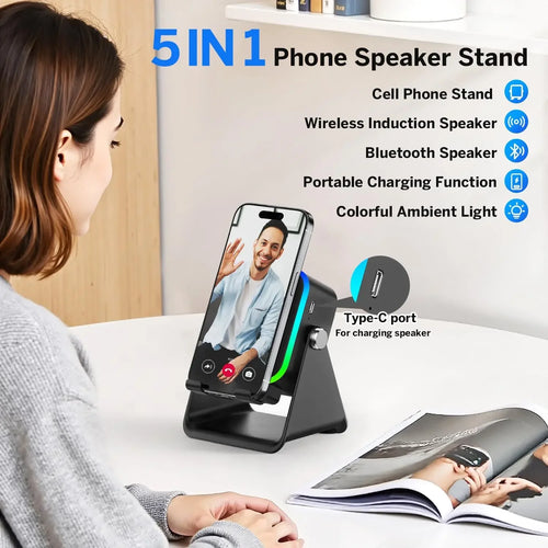 5 In 1 Wireless Induction Speaker Phone Holder with 8 RGB Modes HIFI Sound Bluetooth Desktop Stand